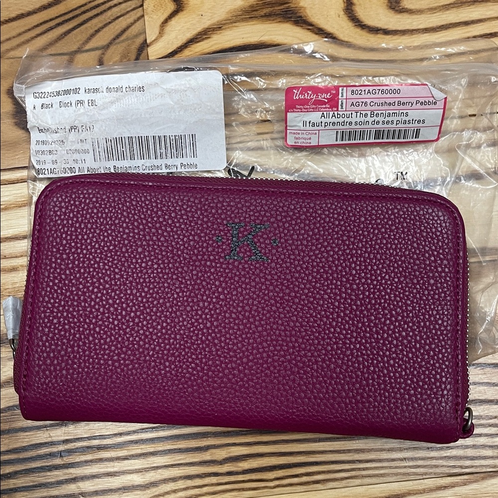Thirty-One Crushed Berry Pebble All About the Benjamin’s wallet with Monogram K